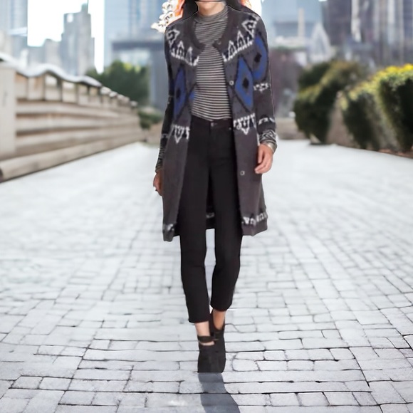 Free People Fair Isle Med Gray Longline Button Cardi Mohair Wool Pocket Coatigan - Picture 4 of 9